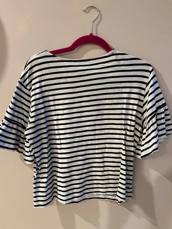 Zara Black & White Striped Short Sleeve Ruffle-Sleeve Tee Size Small - Picture 5 of 5